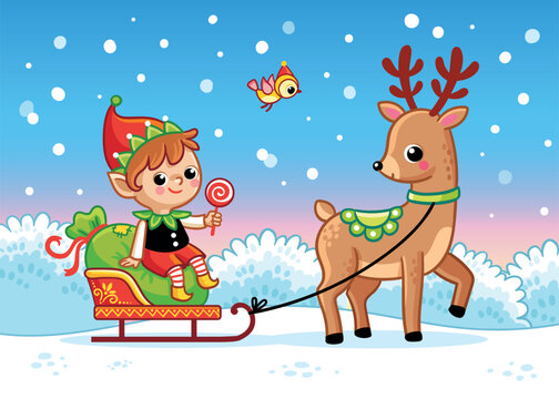 Christmas picture with a deer and an elf on a sleigh against the backdrop of a snowy forest. Vector illustration with fairy tale characters.