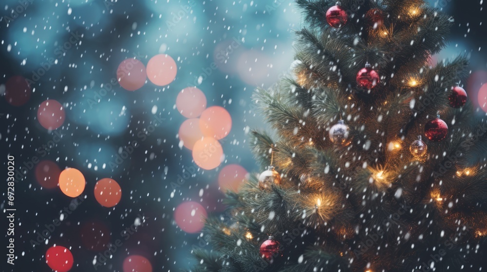 Poster a close up of a christmas tree with a lot of lights in the background and snow falling on the ground