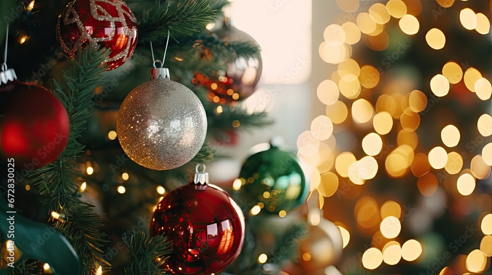 Poster a close up of a christmas tree with a lot of ornaments hanging from it's branches and lights in the 
