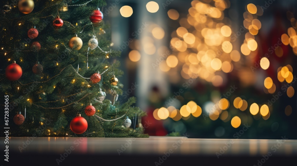 Poster a close up of a christmas tree with lights in the background and a blurry christmas tree in the fore