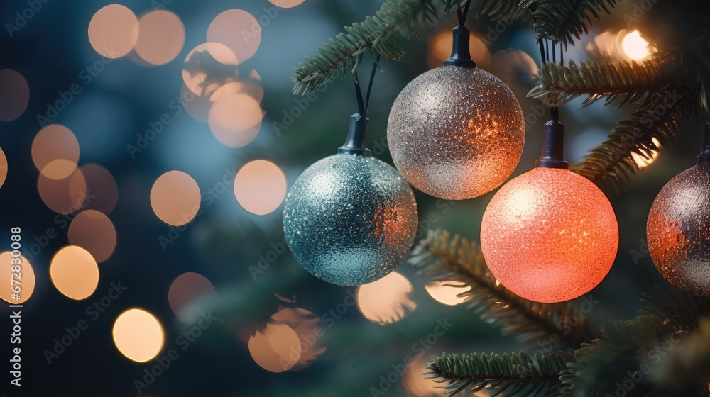 Poster a close up of a christmas tree with ornaments hanging from it's branches and blurred lights in the b