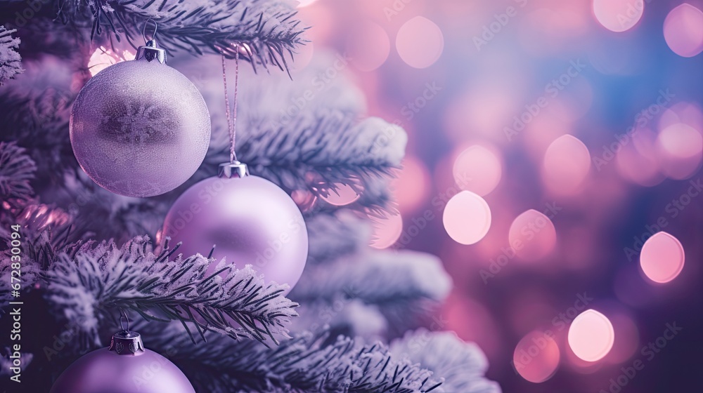 Poster a close - up of a christmas tree with ornaments hanging from it's branches and blurred lights in the