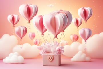 Joyful birth of baby boy   heart balloons and gift boxes on pink background, symbolizing new life.