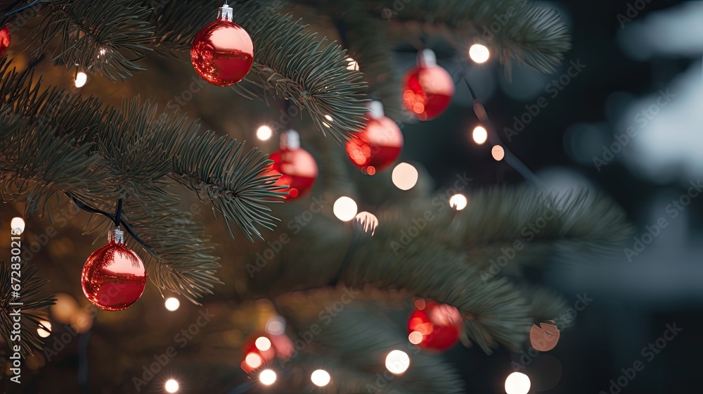 Poster a close up of a christmas tree with red baubles hanging from it's branches and lights in the backgro