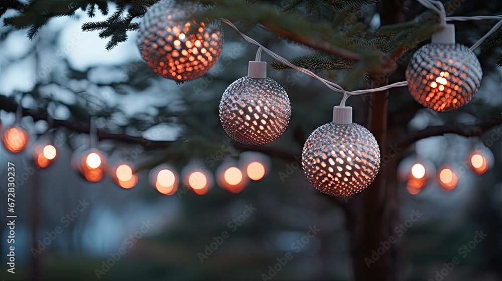 Poster a close up of a string of lights on a tree with a lot of lights hanging off the side of it. generati