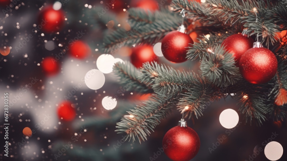 Poster a close up of a christmas tree with red baubles hanging from it's branches and blurred lights in the