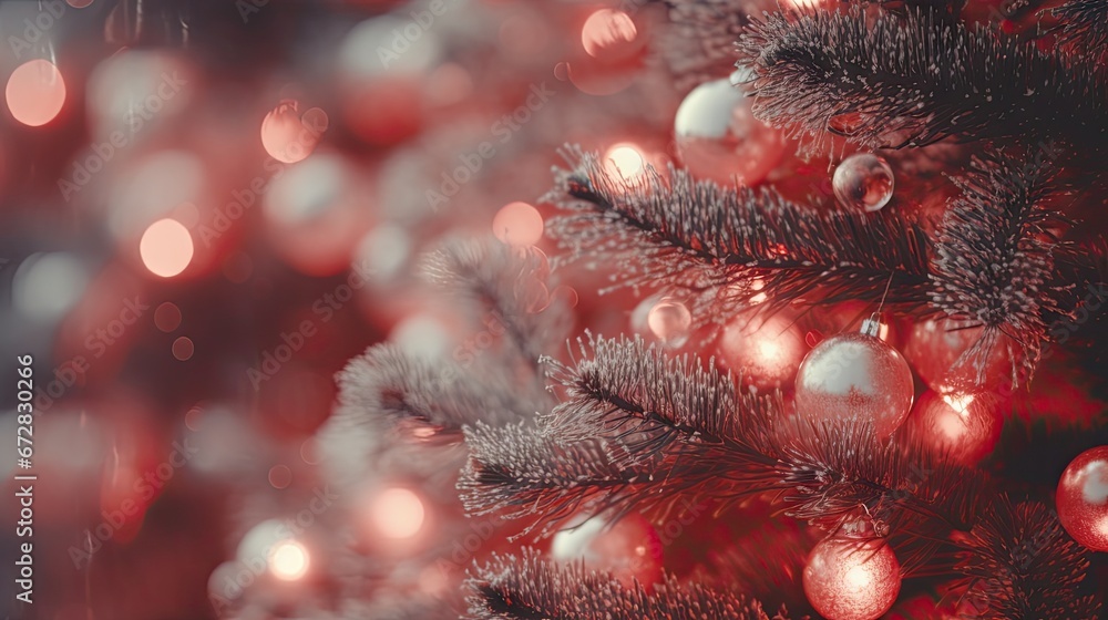 Poster a close up of a christmas tree with red and white balls on it and a blurry christmas tree in the bac