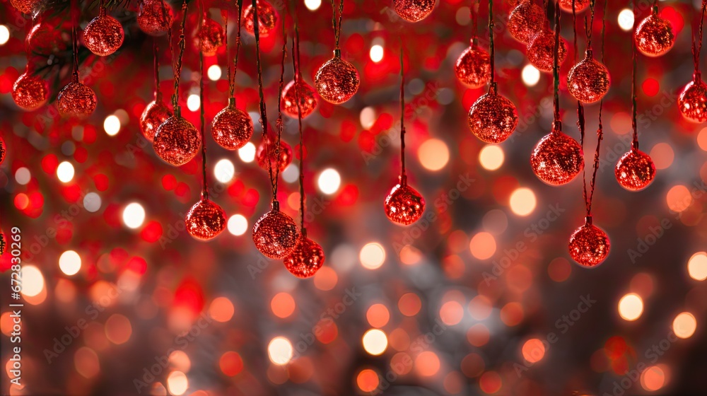 Poster a bunch of red ornaments hanging from a tree in front of a blurry background of red and white lights