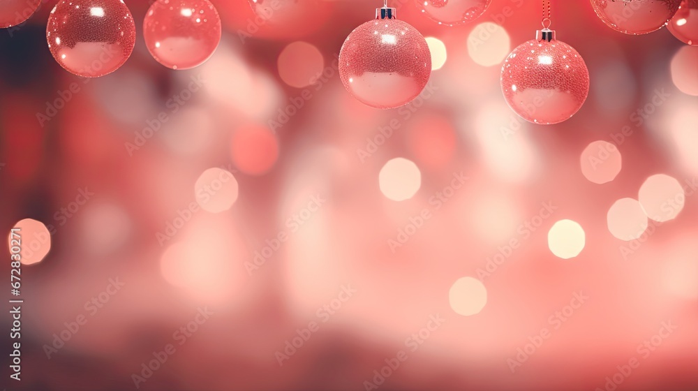 Poster a bunch of red christmas ornaments hanging from a string on a red background with boke of lights in 