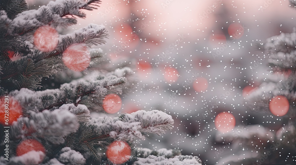 Poster a close up of a pine tree with snow on it and red balls hanging off of it's branches. generative ai