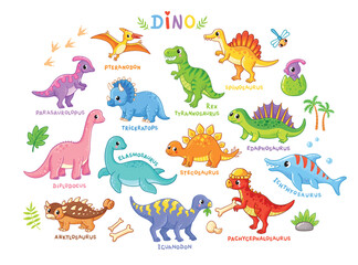 Vector set with dinosaurs in cartoon style. Collection of dinosaurs on.