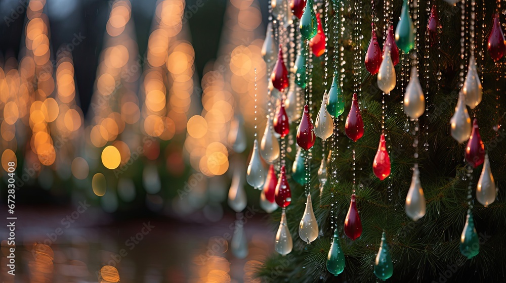 Poster a close up of a christmas tree with lights in the background and a christmas tree in the foreground 