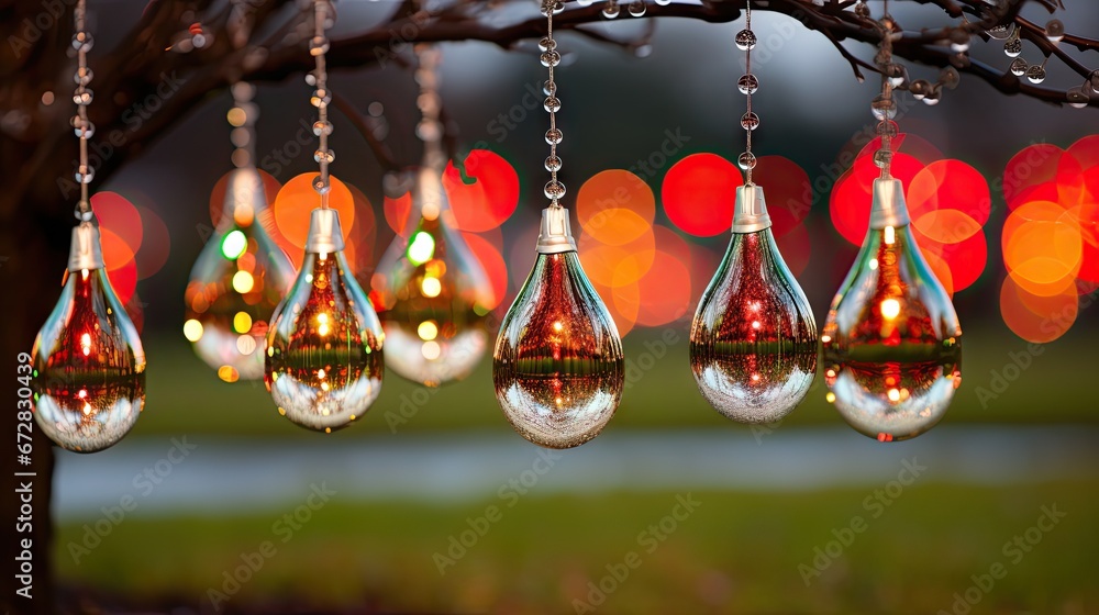 Poster a close up of a tree with a bunch of water drops hanging from it's branches with a boke of lights in