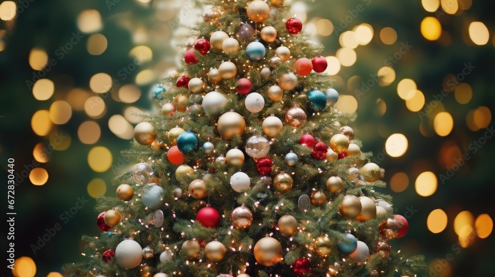 Poster a close up of a christmas tree with a lot of ornaments on it and lights in the backround. generative