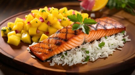 
Grilled Salmon with Mango Salsa & Coconut Rice
