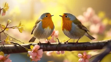 Poster de jardin  Beautiful little birds are sitting next to each other on a branch in a Sunny spring Park and chirping merrily  © Eric