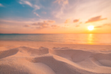 Fototapeta na wymiar Closeup sea sand beach. Amazing coastal landscape. Inspire tropical island sky seascape horizon. Orange golden purple sunset sunrise skyline tranquil sunlight. Meditation inspire coast background