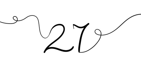 Number 27 line art drawing on white background. 27th birthday continuous drawing contour. Minimal vector illustration