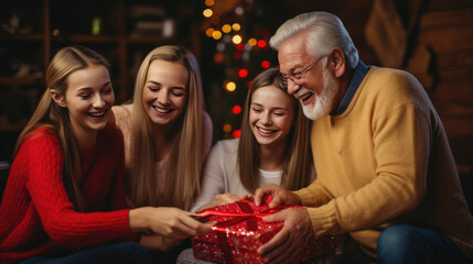 Obraz na płótnie Canvas A delighted family share a heartwarming moment while unwrapping a Christmas gift against the backdrop of a glowing festive tree.