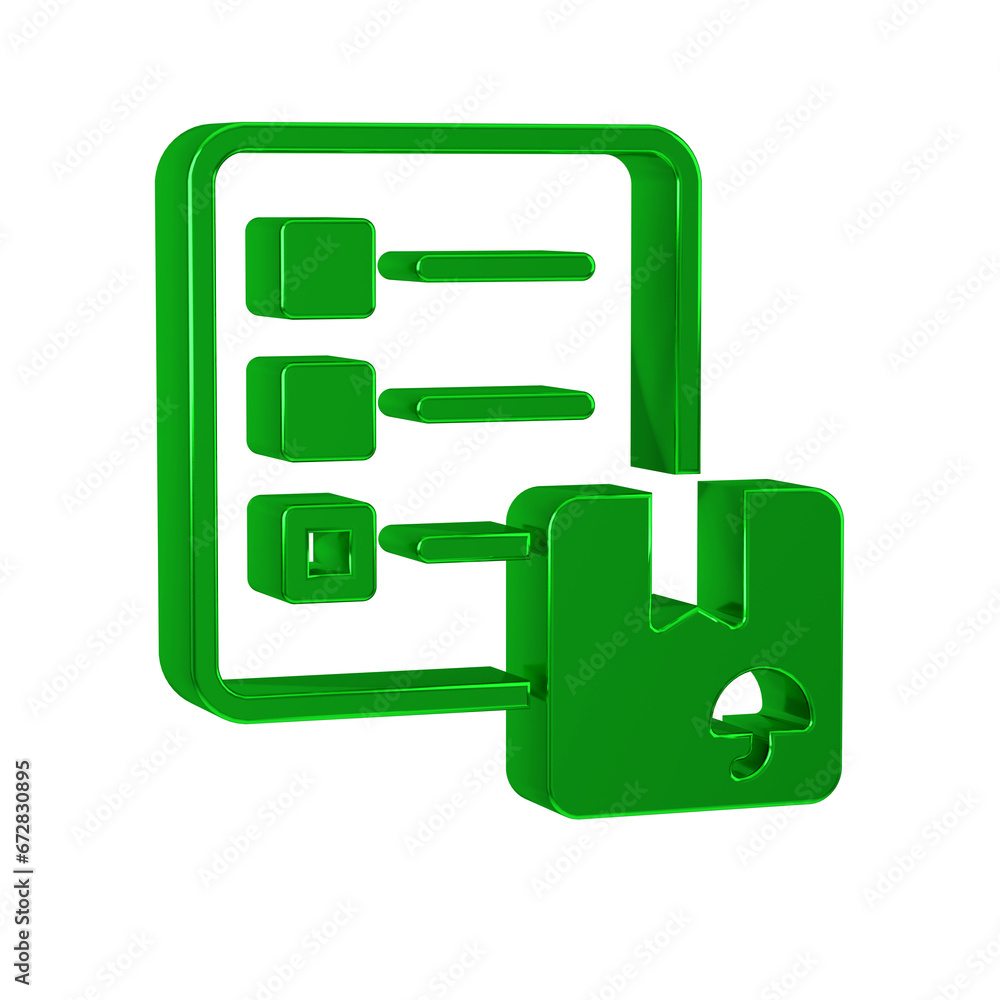 Poster green verification of delivery list clipboard icon isolated on transparent background.