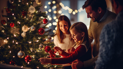 Happy family with their daughter decorating the tree for Christmas