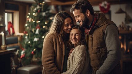 A joyful family share a warm embrace, laughing and smiling against a backdrop of a twinkling Christmas tree.