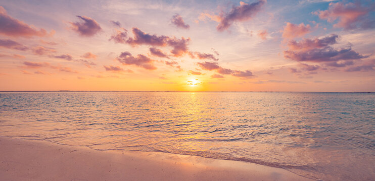 Closeup sea sand beach. Beautiful panoramic landscape. Inspire tropical seascape horizon. Peace sunset sky calm tranquil relax panorama summer mood. Positive energy, meditation summer tropical island