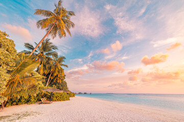 Amazing tropical sea beach serene sky sand sunset light. Relax paradise horizon coco palm trees and calm sea. Romantic vacation seaside beach best coast nature. Gorgeous landscape, stunning sky view - obrazy, fototapety, plakaty