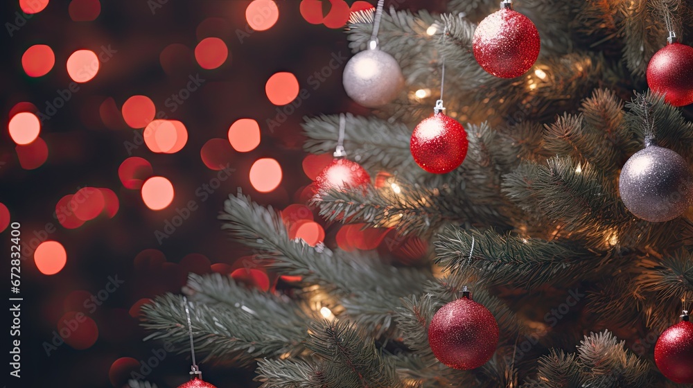 Poster a close up of a christmas tree with red and white baubles hanging from it's branches and lights in t