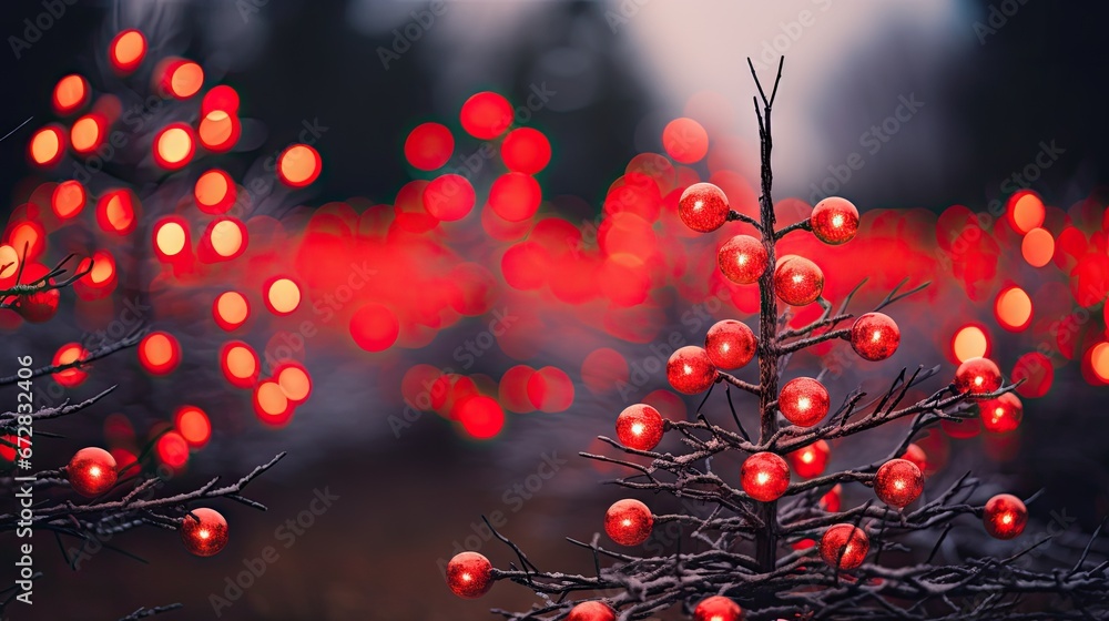 Poster a close up of a small tree with red lights in the background and blurry lights in the foreground. ge