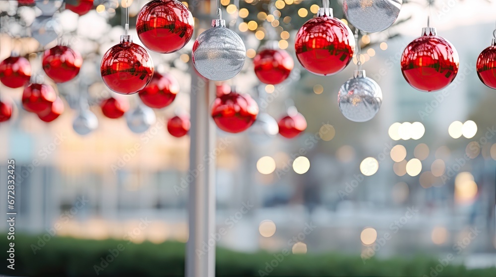 Poster a bunch of red and silver ornaments hanging from a pole in front of a building with lights in the ba