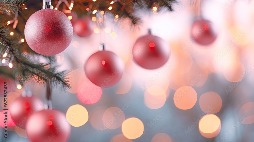 Poster a close up of a christmas tree with ornaments hanging from it's branches and blurred lights in the b