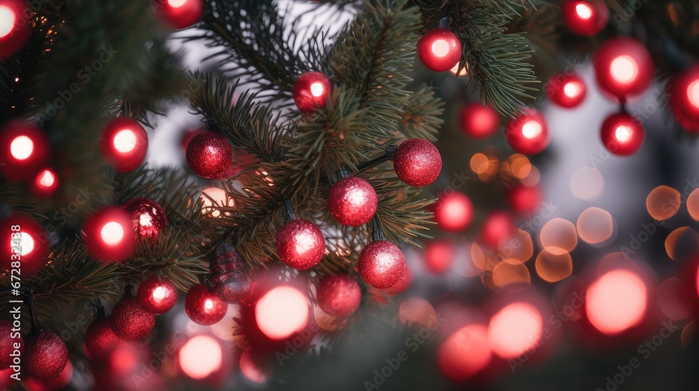 Poster a close up of a christmas tree with a lot of red balls hanging from it's branches and lights in the 