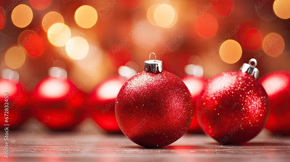 Poster a close up of two red ornaments on a table with a blurry boke of lights in the background. generativ