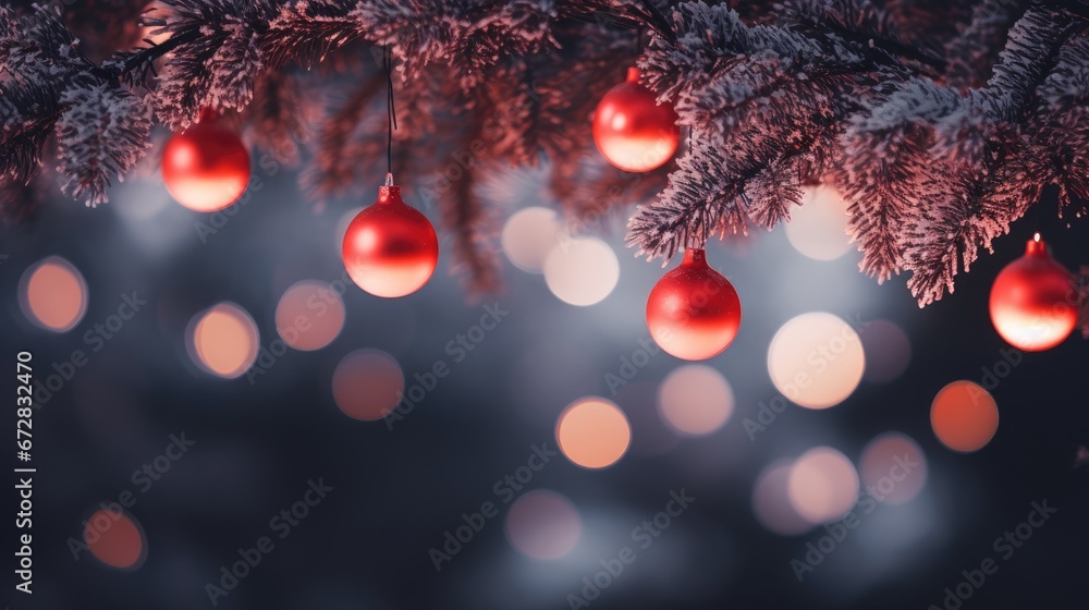 Aufkleber a christmas tree with red ornaments hanging from it's branches and a blurry background of lights in 