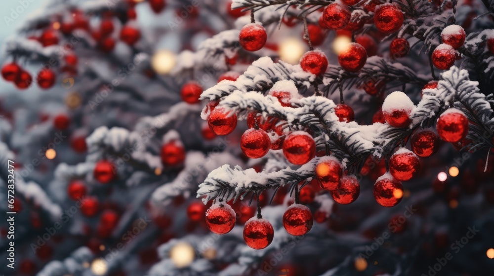 Poster a close up of a christmas tree with red ornament balls hanging from it's branches and snow on the br