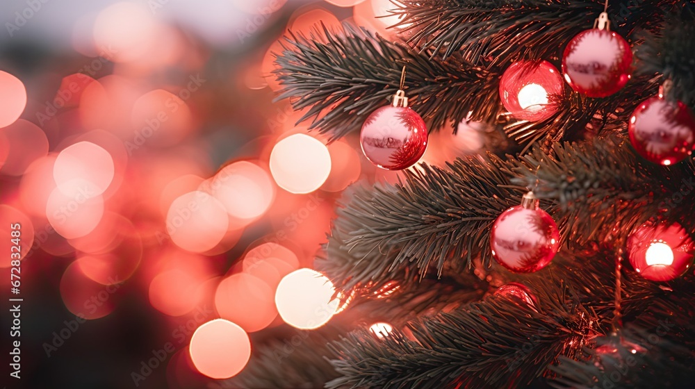 Poster a close up of a christmas tree with red and white baubles hanging from it's branches and blurred lig
