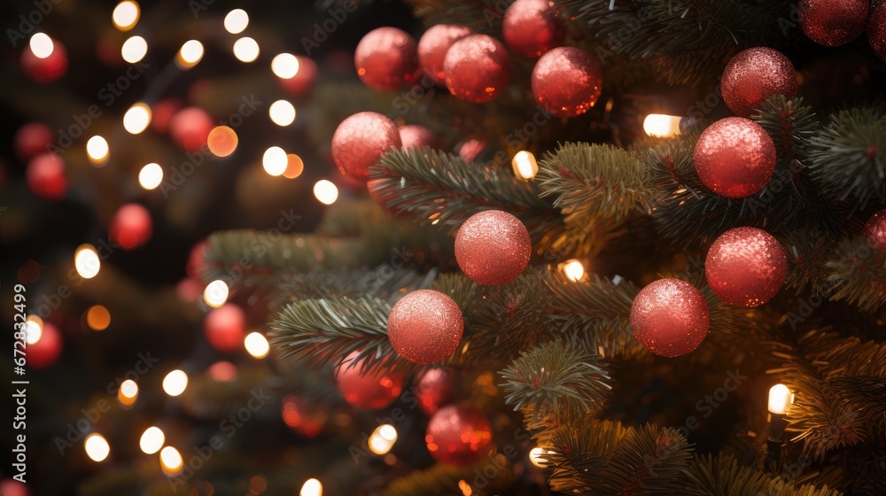 Poster a close up of a christmas tree with a lot of red balls hanging from it's branches and lights in the 
