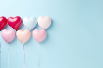 Heart shaped balloons on blue pastel background for love concept in valentine, wedding, birthday.