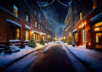 a lane sidewalk home streets light christmas holidays silent night snow cozy warm street together family holiday season snowy lights garland glow winter icy cold outdoors tradition - obrazy, fototapety, plakaty