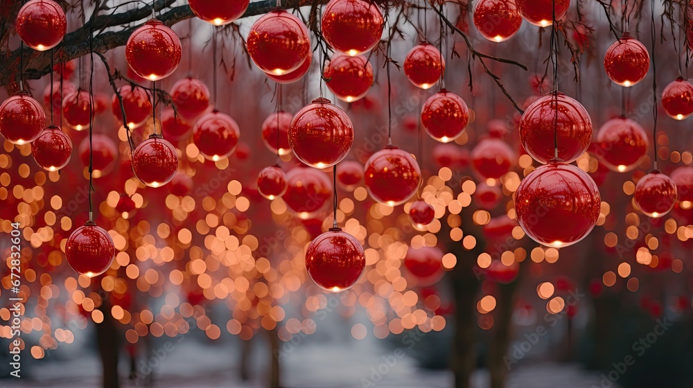 Poster a tree filled with lots of red balls hanging from it's branches in front of a tree filled with lots 