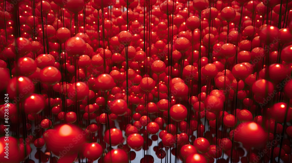 Poster a large group of red balls in the middle of a room with sticks sticking out of it's sides. generativ