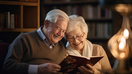 Elderly couple sitting closely, smiling and sharing a joyful moment while reading a book together