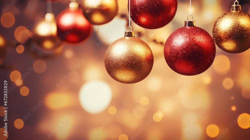 Poster a group of shiny christmas ornaments hanging from a string with boket lights in the background and b