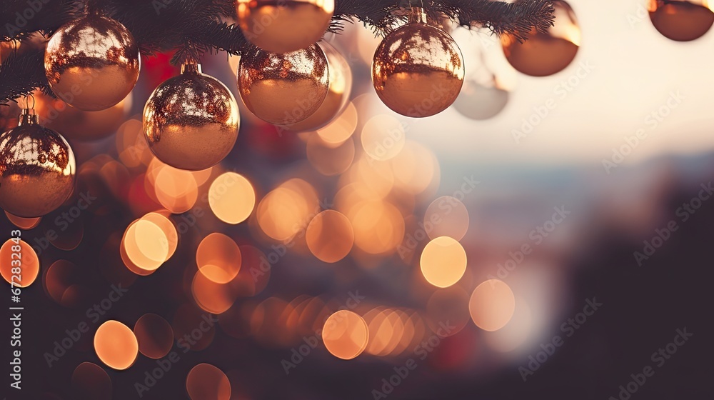Aufkleber a close up of a christmas tree with lots of shiny balls hanging from it's branches in front of a blu