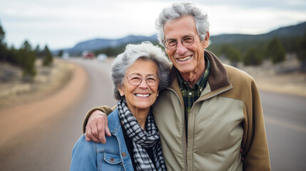 Elderly couple with joyful smiles, taking a selfie while hiking outdoors, equipped with backpacks, hats, and sunglasses, amidst a lush green forest backdrop.