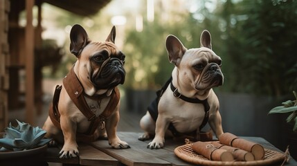 French bulldog sitting atop a wooden table next to a group of succulent plants