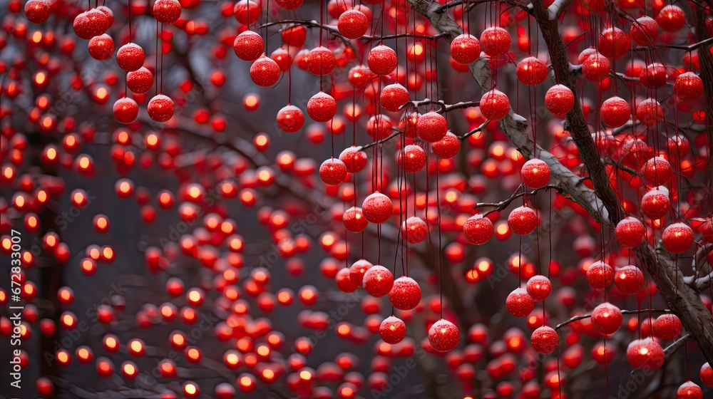 Aufkleber a tree filled with lots of red balls hanging from it's branches in front of a forest of red lights. 