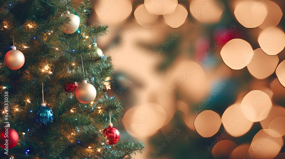 Poster a close up of a christmas tree with a blurry background of lights in the background and a blurry chr