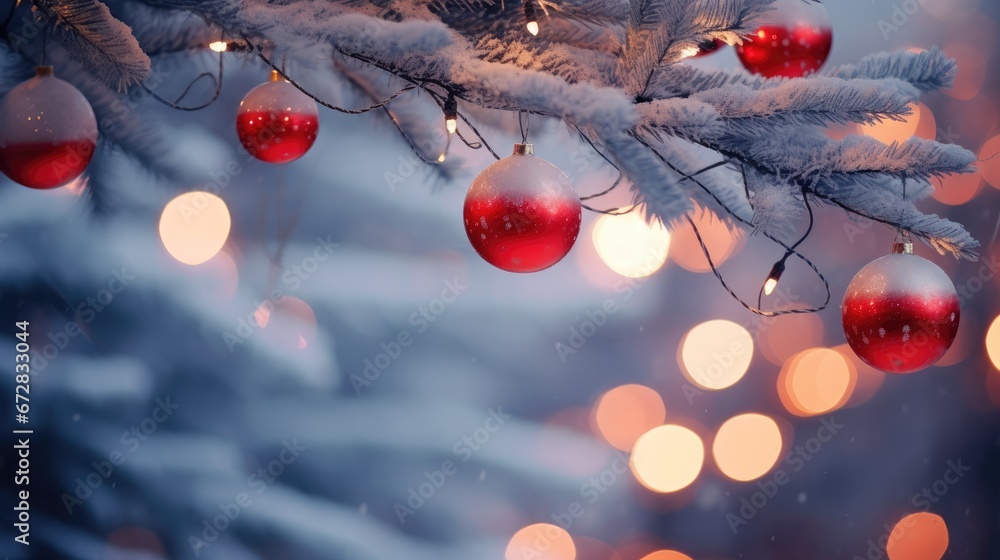 Poster a close up of a christmas tree with red and white baubles hanging from it's branches and lights in t